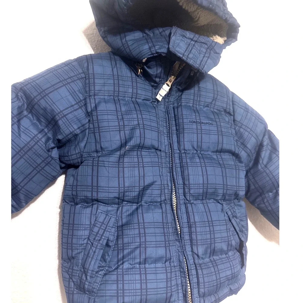 London Fog Kids Plaid Puffer Coat Hooded Thick‎ Sherpa Lined Blue Black Size 3T